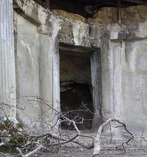 一座老建筑,前面有一根树枝