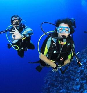 two people are scuba diving in the ocean