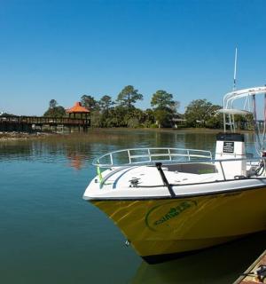 一艘黄色的船停靠在码头