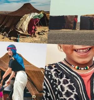 一名妇女、一名儿童和一顶帐篷的照片拼贴画