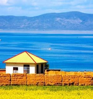 budova za plotem s oceánem v pozadí