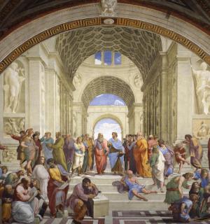 一幅画，画的是一群人在一栋建筑里