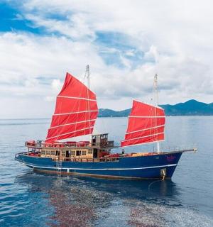 a boat with red sails in the water
