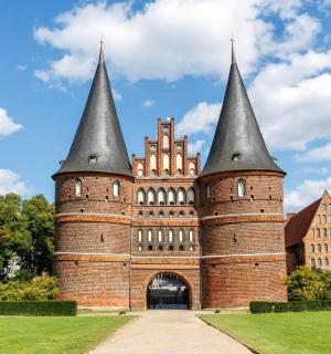 a castle with two towers on a grass field