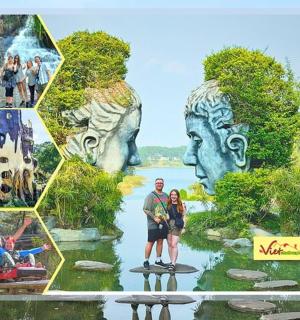 a collage of photos of people standing in front of a painting