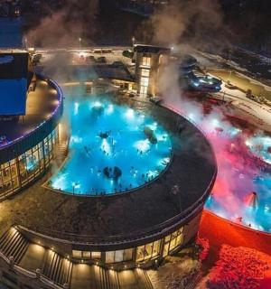 夜间大型游泳池的俯视图