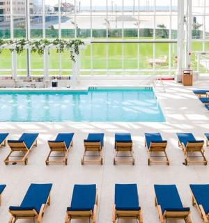 带蓝色躺椅的游泳池和游泳池
