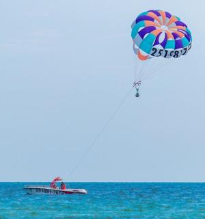 一个人在海上的一艘船上放降落伞