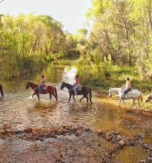 skupina lidí projíždějících koně přes řeku