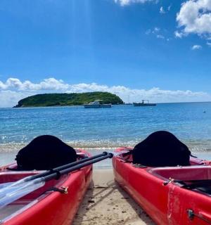 海滩上的两艘红船，水中有一个岛屿