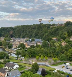 iki sıcak hava balonu bir kasabanın üzerinde uçuyor