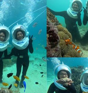 a collage of four pictures of a woman underwater