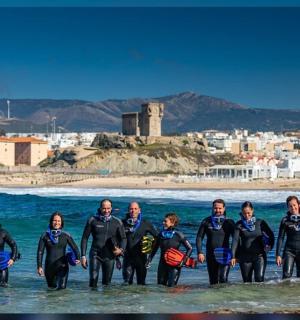 a group of people standing in the water at the beach