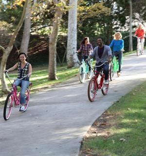 一群人沿着小路骑自行车