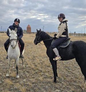two people riding on horses in a field