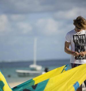 一名男子站在海滩上,手里拿着风筝