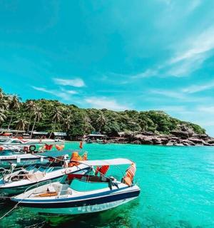 a group of boats are docked at a beach