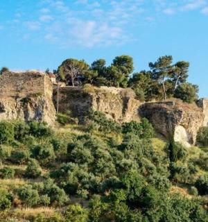 ein altes Gebäude auf einem Hügel mit Bäumen