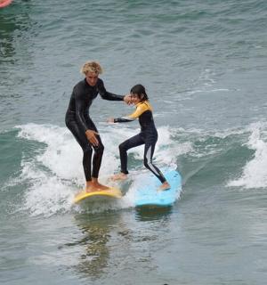 两个人在海中冲浪