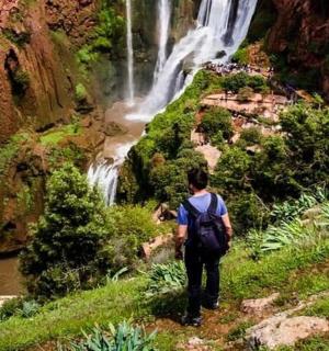 一名男子站在山上眺望瀑布