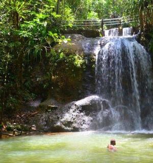 两个人在瀑布前的游泳池里游泳