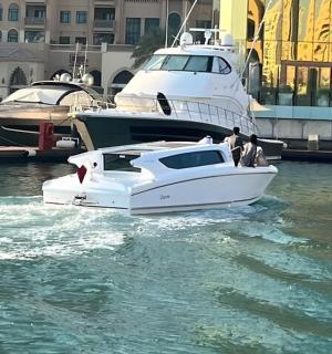 biała łódź na wodzie obok kilku łodzi