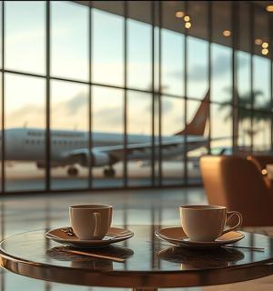 dva šálky kávy na stole na letišti