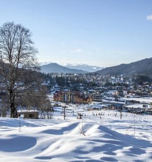 a snow covered field with a city in the distance
