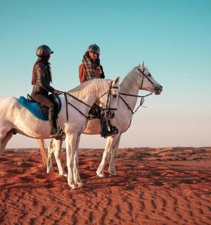 due persone a cavallo nel deserto