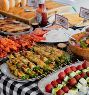 a table with many different types of food on