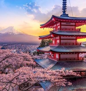 a pagoda with a mountain in the background