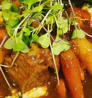 a bowl of food with meat and carrots on a plate