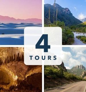 四张照片拼贴而成,有一条道路和山脉