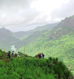a group of people standing on a hill overlooking a valley