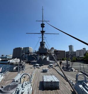 a large boat is docked in the water