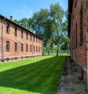 砖砌建筑内的小巷,有一片草坪