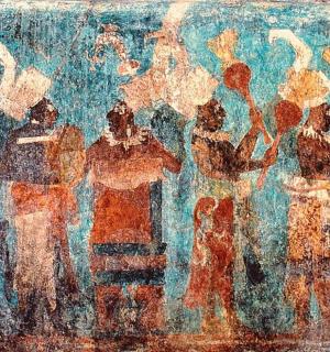 a painting of a group of people on a wall