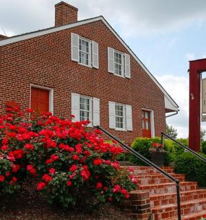 a house with a bunch of red flowers in front of it