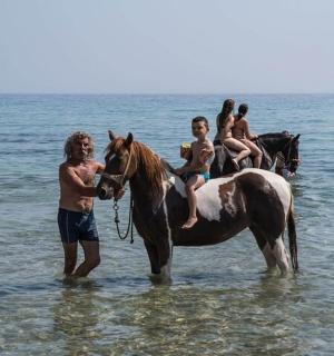 grupa ludzi jadąca na koniu w wodzie