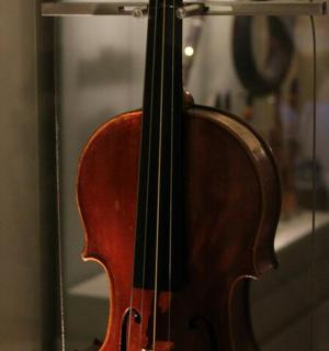 a violin sitting in front of a mirror