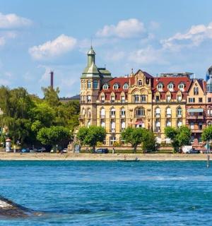 a view of a river in front of a building