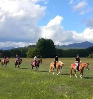 a group of people riding horses in a field