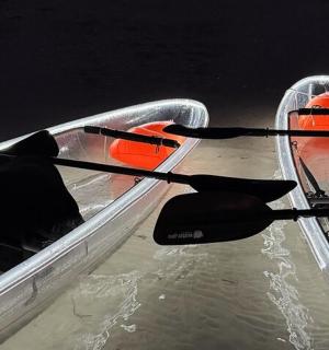 a group of oars in a boat on the water