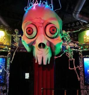 一个形状像狗的气球,挂在天花板上,上面有灯