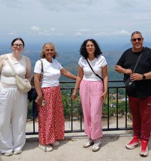 a group of people posing for a picture at the blue mountains