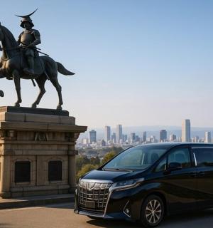 a suv parked next to a statue of a man on a horse
