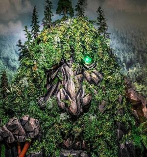 一幅画,画中有树桩和植被