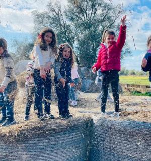 a group of children standing on hay bales