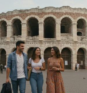 三个人站在一栋建筑物前