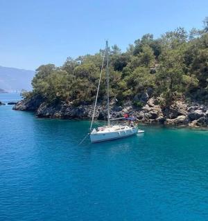 小岛旁边水中的一艘船